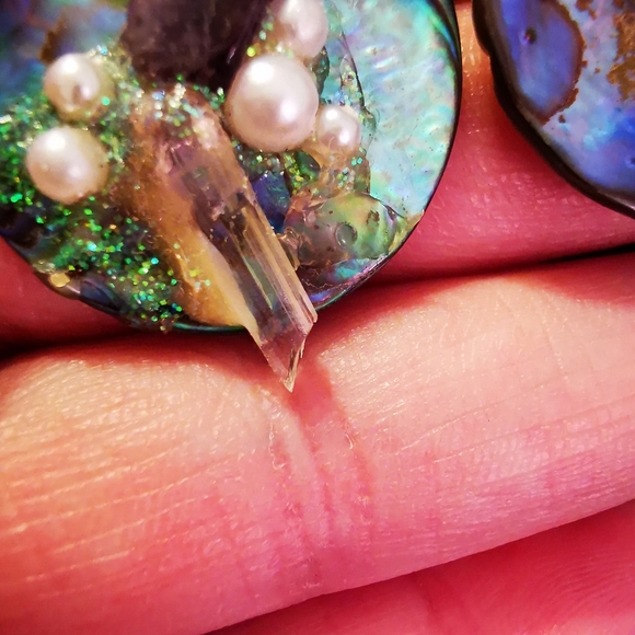 Handmade Abalone and Crystal Round Pierced Earrings - Picture 14 of 15